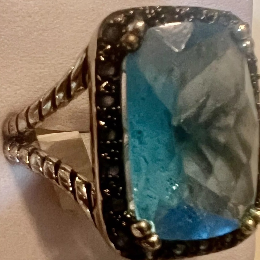 Blue Topaz CZ color Ring Rhodium Plating Ornate Stunning